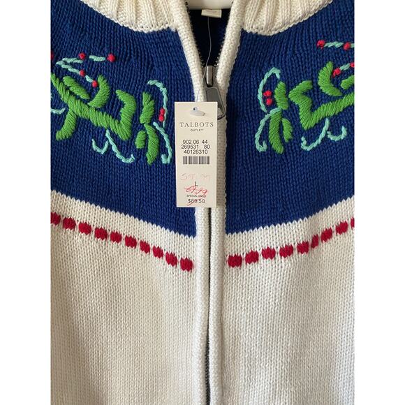 NWT Talbots Nordic Floral Embroidered 100% Cotton Mock Neck Zip Cardigan- Size L - Picture 4 of 6